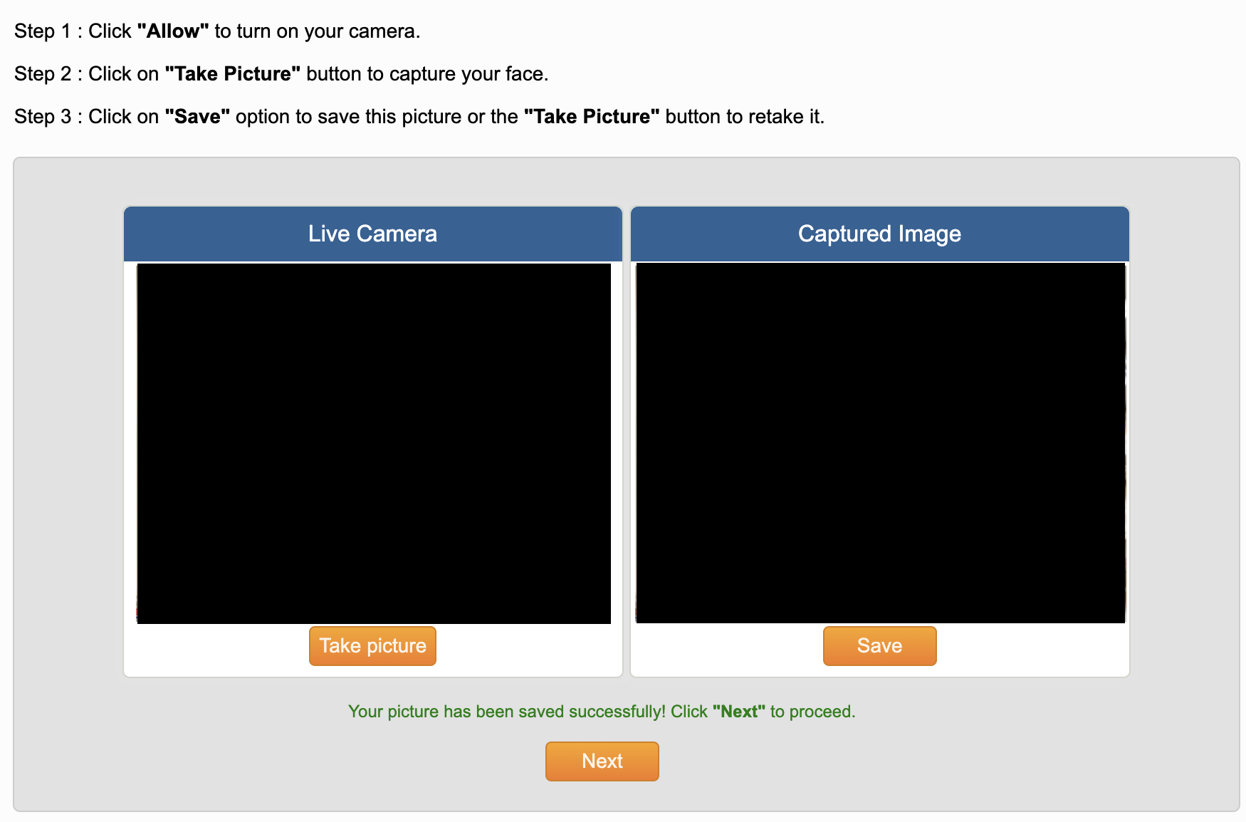 Image of instructions on allowing your computer to preview your camera and to capture your image, then selecting the next button to proceed on the screen. 