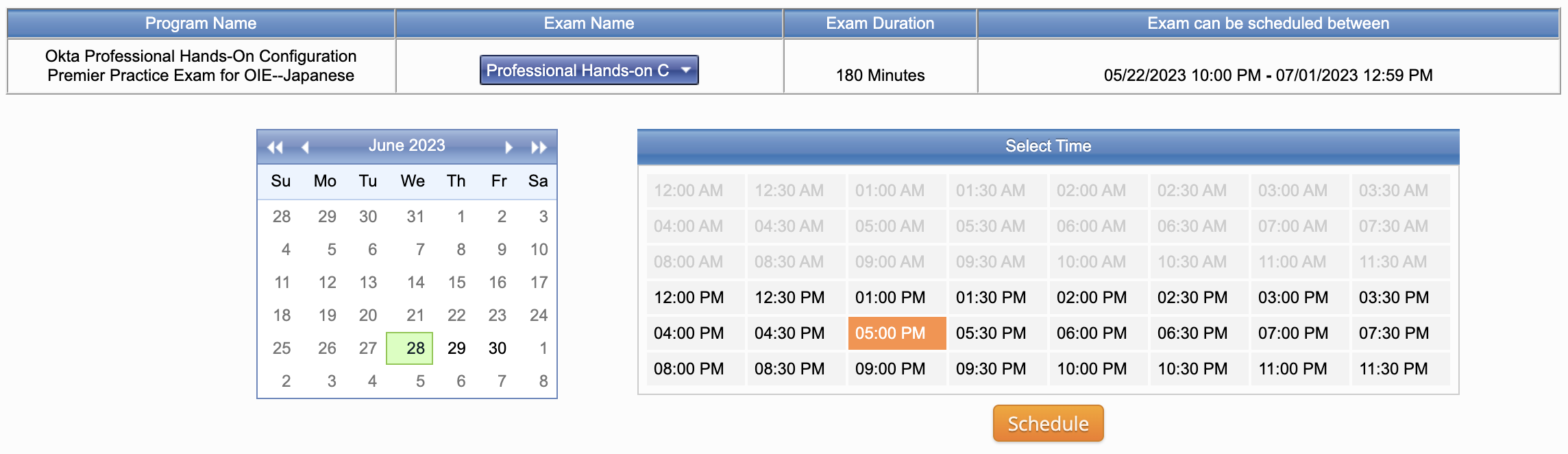 Image of the Exams portal, featuring the Exam Schedule field, focusing on the calendar and time selection fields.