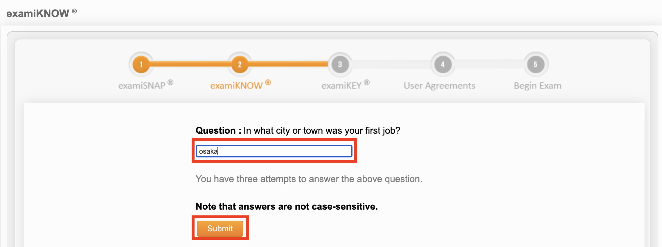 Image of the Exams portal, focusing on the security question field and the Next call to action button.