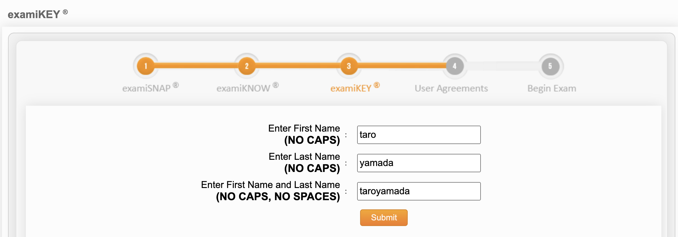 Image of the Exams portal, featuring the ExamiKEY step, previewing the biometric information for first and last name.