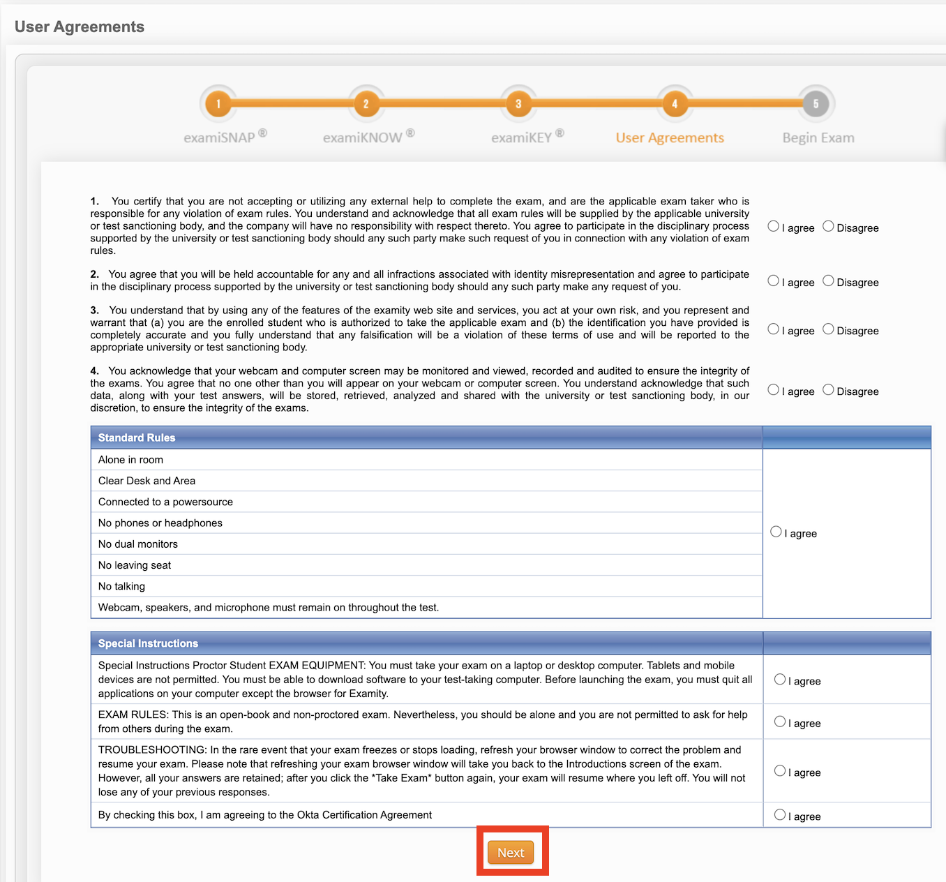 Image of the Exams Portal, featuring the User Agreement step, with a focus on the Next call to action button.
